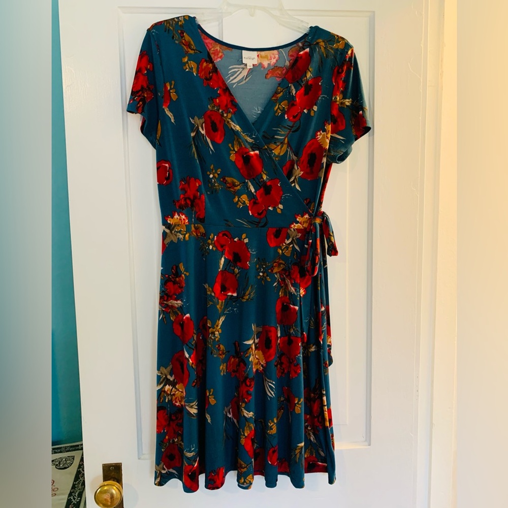 Kaileigh Teal and Red Floral Midi Dress poppy print faux wrap